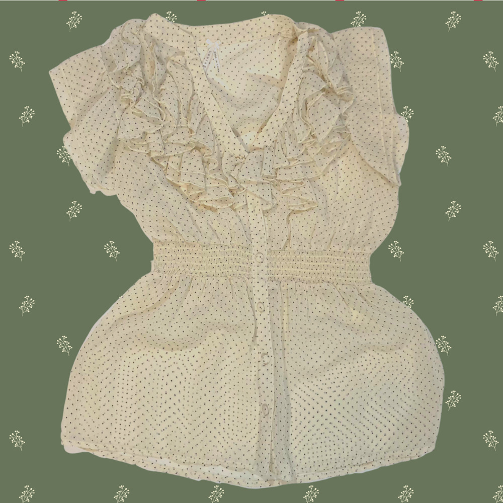 Lapis SMALL Blouse Sheer Ruffled Cream w/ Black Polkadot Button Up Shirt Top